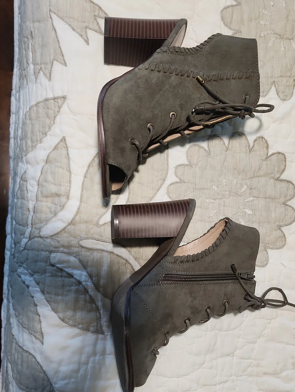 Mix No. 6 Olive Suede Lace-Up Peep-Toe Block Heel Bootie